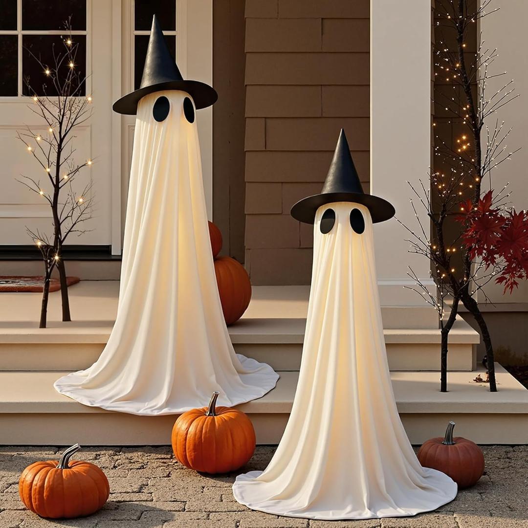 2 Packs Halloween Decorations Outdoor, 5Ft Wind-Resistant Ghost Decor with USB String Lights, Scary Door Decoration Outside Euipped Waterbags & Hats, Ideal for Party Porch Yard Garden Lawn