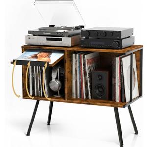 Faesun Flip Top Record Player Stand, Large Turntable Stand Holds up to 150+ Albums, Vintage Mid Century Record Player Table, Stereo Cabinet with Open Storage, for Living Room, Bedroom, Rustic Brown, 2-Tier