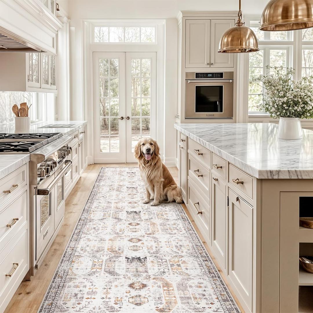 Madane Hallway Runner Rug 2'6''x12' Kitchen Runner, Non Slip Vintage Runners for Hallways Washable Kitchen Rugs Soft Low Pile 2.5x12 ft Rug Runner for Laundry Room, Entryway and Bedroom, Brown/Gold