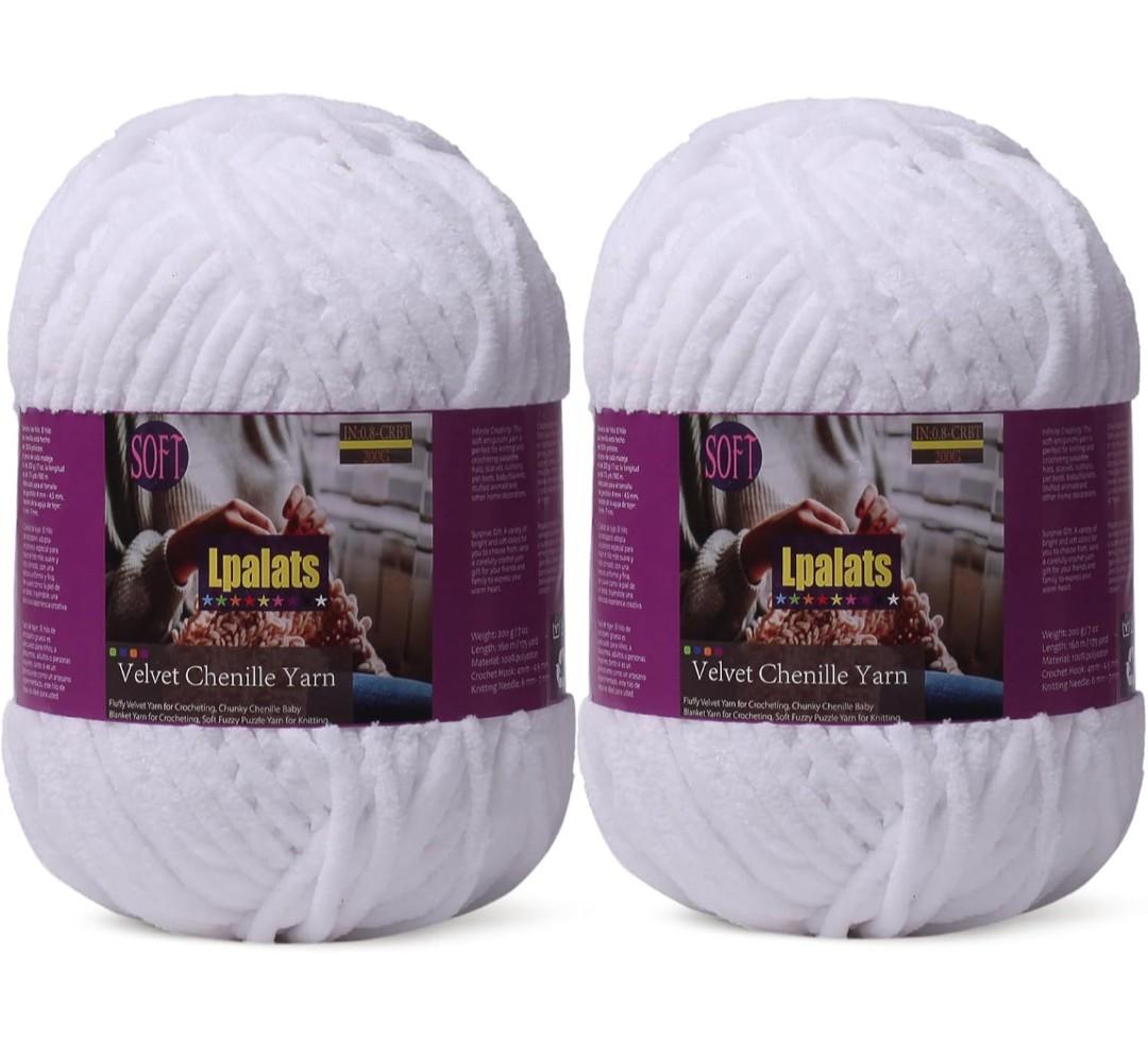 Baby Blanket Yarn for Crocheting - 2 Pack of 200g/7oz Chunky Chenille Yarn for Knitting Blankets Amigurumi - #6 Super Bulky - 348 Yards Soft Thick Plush Yarns (2, White)