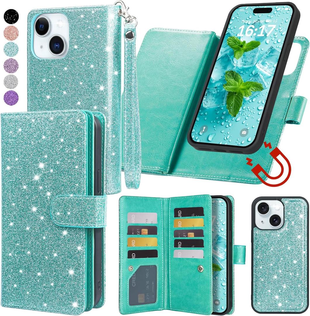 Varikke for iPhone 14 Wallet Case Detachable with 9-Card Holder for Women, Fashion Glitter PU Leather Wrist Strap Strong Magnetic Flip Wallet Removable Phone Case Cover for iPhone 14 6.1", Mint Green