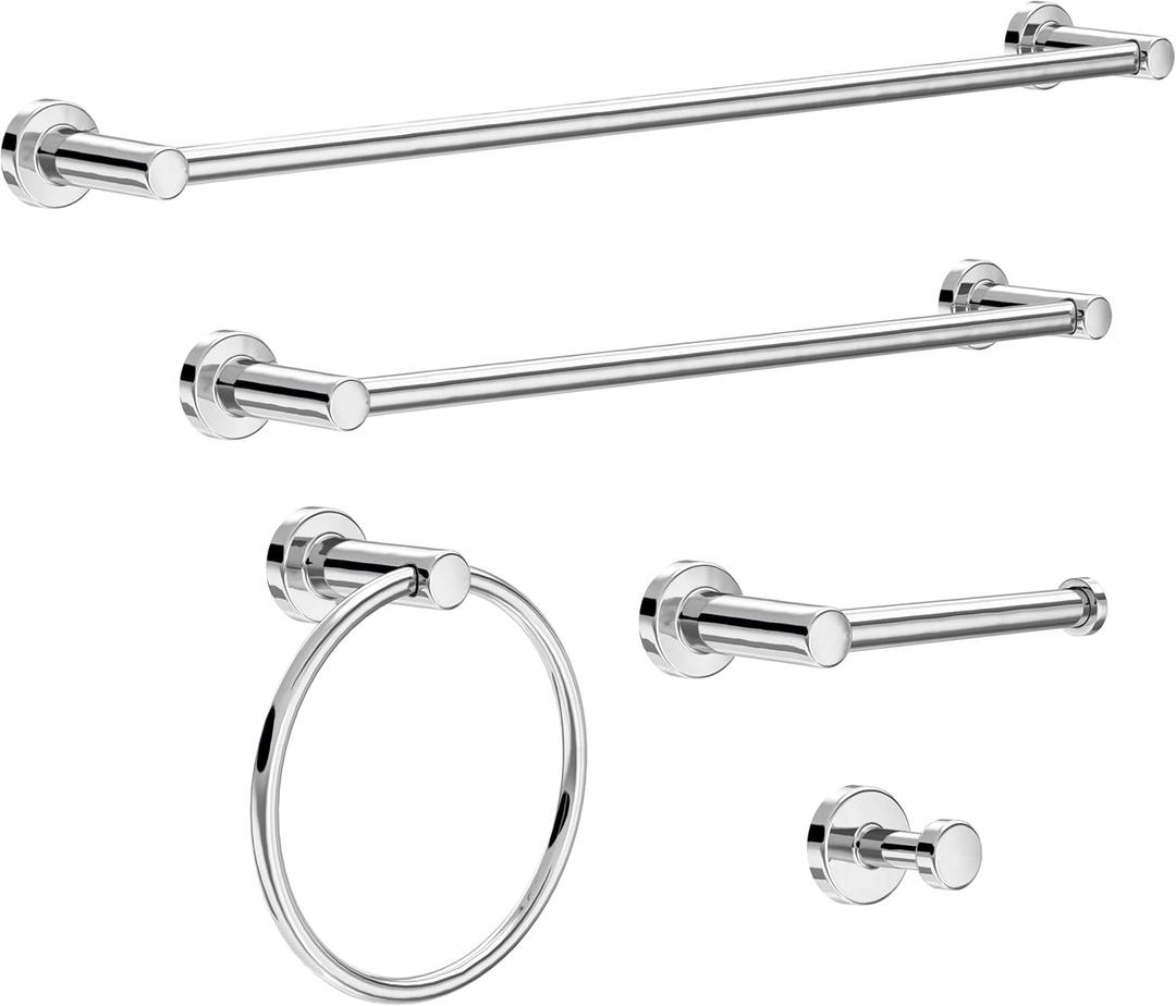 Franklin Brass Wake 5-Piece Bathroom Set Polished Chrome 18, 24 in. Towel Bar Racks, Toilet Paper Holder, Ring, Hook| Fixtures | Accessories WAK65-PC