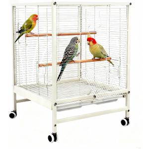 19x19x26 Inch Large Bird Cage for Parrots & Parakeets, Birdcages with Stand & Wheels, Easy Clean Slide Out Tray, Include Wood Perches, Feeder & Water Bottle for Cockatiel, Lovebird, Pigeon, White