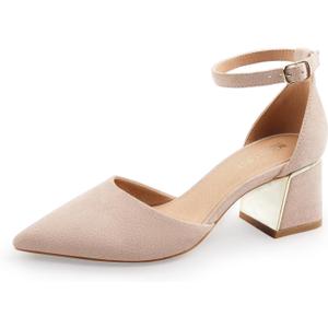 BCTEX COLL Womens Pointed Toe Pumps Shoes Ankle Strap Chunky Low Heels Metal Lined Sandals Designed for Women (7.5, Nude)