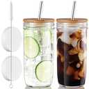 CMLKLZD Glass Cups Set - 24oz Mason Jar Drinking Glasses with Acacia Wood Lids & Straws & Airtight Lids - Wide Mouth lced Coffee Cups Boba Bottle Tumbler for Bubble Tea, Smoothie - 4 Pack