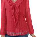 Gaharu Women's Dressy Blouses Long Sleeve Ruffle Shirts Casual Loose Fit Mesh Double Layers Flowy Tunic Tops (Red)