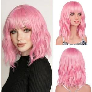 Pink Wig, Light Pink Bob Wigs with Bangs, Adjustable Straps Colorful Wig Synthetic Heat Resistant Fiber for Daily Party Cosplay Use, Shoulder Length Wavy Pink Wig for Women Girl with Wig Cap, 14 Inch