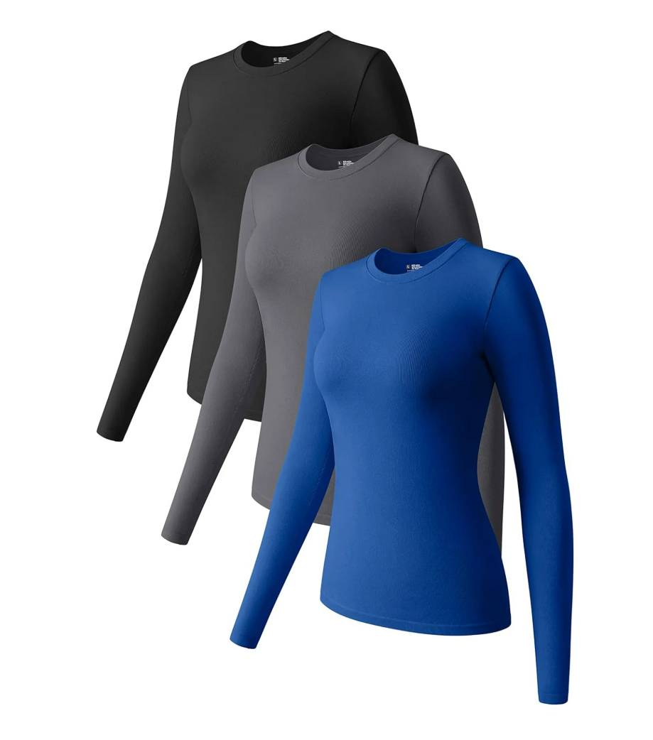 Womens 3 Piece Long Sleeve Tops Crew Neck Stretch Fitted Underscrubs Layer Tee Shirts Tops, Size S
