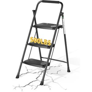 Step Ladder with Handrail, Folding Steel Step Stool, 3-Step