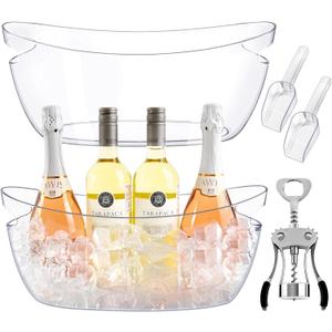 2-Pack Ice Buckets for Parties, 5.5L Clear Acrylic Beverage Tub | Shatterproof boat shaped tubs for wine. Includes 2 matching ice scoops and 1 metal corkscrew opener for mimosa bar