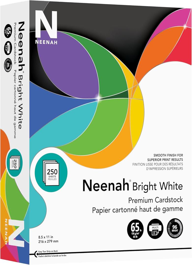 Neenah Bright White Bright White Card Stock, 96 Bright, 65 lb Cover Weight, 8.5 x 11, 250/Pack
