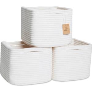 Cotton Rope Woven Baskets for Organizing 3-Pack | 9 Inch Cube Storage Bin | Small Basket for Shelf Nursery, Pantry, Decorative Plant, Bathroom Closet, Toy Gift