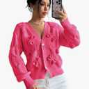 FOTKLAX Women's Cropped Bow Chunky Knit Cardigan Sweaters Open Front Cozy Long Sleeve Button Up Cardigans for Winter, Medium