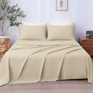 LONAVA Queen Sheet Set 4 Pieces,Beige Ultra Soft & Breathable Microbifer Sheets, 1600 Thread Count Hotel Luxury Oeko-Tex Bed Sheets, 14-16 Inch Deep Pocket Durable Wrinkle Free Sheets