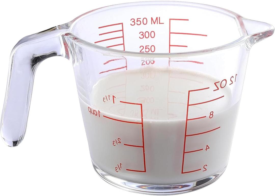 Heat-Resistant Glass Measuring Cup  12 oz / 350 ml Borosilicate Measuring Jug with Handle & Pour Spout  Clear Red Markings, Microwave & Dishwasher Safe Kitchen Tool