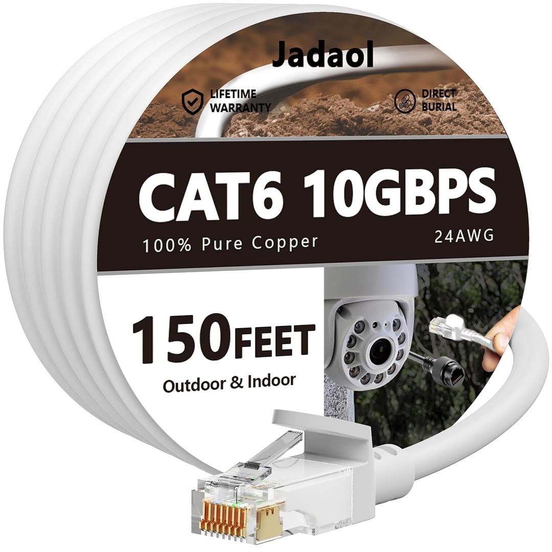 Cat 6 Outdoor Ethernet Cable 150 ft (45.72m), Support Cat8/7 Network, 10Gbps 550MHz, 24AWG Pure Copper, Direct Burial Waterproof In-Ground UV Resistant LAN Patch Cable for Router, Modem, Switch, White