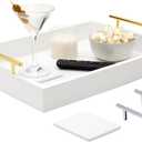 Juvale Ottoman Tray with Coasters & Interchangeable Gold & Silver Handles - 15.7" x 11.8" x 3.1" - White Rustic Wood Rectangular - Coffee Table Tray for Serving & Decorative Accents