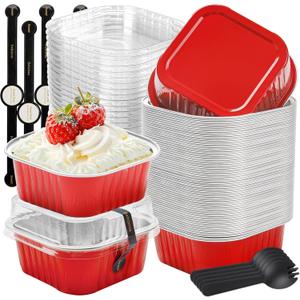 50 Pack Mini Cake Pans with Lids and Spoons Small Aluminum Foil Pans Square Baking Cups Disposable Ramekins Cupcake Liners for Brownie Pie (Red, 10 oz)