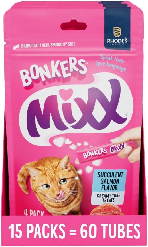 BONKERS Mixx, Wet Lickable Succulent Salmon Flavor Cat Treats, Real Meat, Training or Food Topper, for All Breeds and Ages, Value Pack (15 Pack, 60 Tubes), Best Buy 02/08/2027