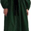 Women Plaid Maxi Dress Long Puff Sleeve Square Neck Flowy Boho Dress Bow Tie Smocked Fall Dresses (Small, Green)