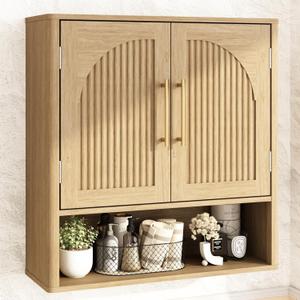 RUSTOWN Fluted Bathroom Wall Cabinet, Mid Century Modern Medicine Cabinet W/Adjustable Shelf & 2 Arched Doors, Over The Toilet Storage Cabinets for Laundry Room Kitchen Living Room, Natural Oak
