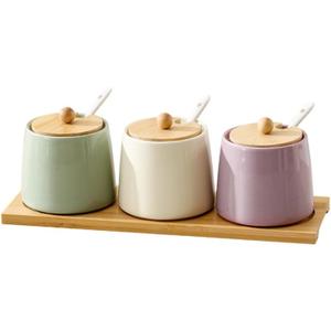 Kitchen ceramic sugar pot, pepper pot, salt pot with lid spoon, creative home chicken essence seasoning box, seasoning jar, seasoning box 3, bamboo tray, 8 ounces for sugar bowl, pepper, spice.