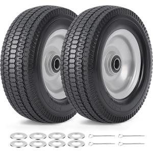 8 Solid Tires, 2.5-4 Flat Free Tires and Wheels with 5/8 Axle Bore Hole and Double Sealed Bearings Compatible with Hand Truck Wheelbarrow Tire Lawn Mower Tire (Silver, 2PCS) P-123