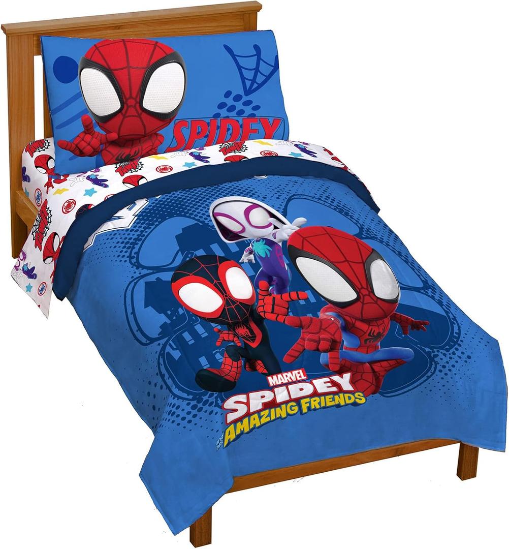 Jay Franco Marvel Spidey and His Amazing Friends Team Spidey 4 Piece Toddler Size Bed Set  Super Soft Microfiber - Includes Comforter & Sheet Set Bedding (Official Marvel Product)