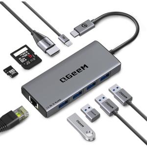 QGeeM USB C Hub Ethernet, 9 in 1 USB Type C Hub HDMI Multi-Port Converter Adapter, 100W Pd, USB 3.0, SD/ TF Card Reader, Compatible for MacBook Pro Air Ipad HP Dell Lenovo Chromebook etc.