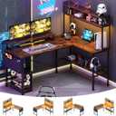 Aheaplus L Shaped Gaming Desk with Power Outlets & LED Lights, Small L-Shaped Desk Computer Corner Desk with Monitor Stand & Storage Shelf, Home Office Desk Writing Desk with Storage Bag, Rustic Brown (49Inch)