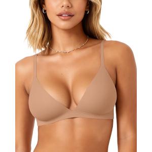 OEAK Womens Comfortable Triangle Bras No Underwire Sexy Plunge Unlined Bralette Pull On Bra Seamless Everyday Tshirt Bras Nude, Medium