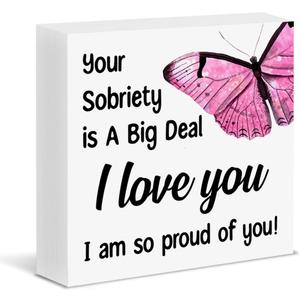 3 x Sobriety Gifts for Women, 1 Year Sober Gift Ideas Proud of You Gifts Your Sobriety Is a Big Deal Wood Block Sign Home Office Decor, (Mix)