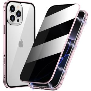 Magnetic Privacy Case for iPhone 16 Pro Max, Anti peep Magnetic Adsorption Double Side Tempered Glass Full Body Case Privacy Screen Protector Metal Titanium Frame Clear Back Phone Case Cover Pink