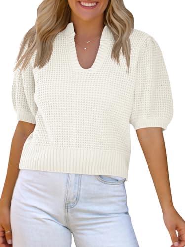 Saodimallsu Womens Puff Short Sleeve Sweater Top Waffle Knit V Neck Spring Summer Cropped Trendy Cute Shirts Blouses, M 