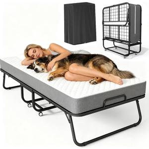 SUNCROWN Folding Bed with Mattress, 75" x 31" Portable Rollaway Bed for Adults with 5" Memory Foam Mattress, Heavy Duty Metal Frame, Space Saving Guest Bed with Wheels