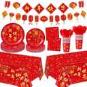 171 Pcs Chinese New Year Party Supplies Kit Serves 24 Includes Banner Plates Cups Napkins Tablecloths Knives Forks and Spoons Disposable Tableware Set Lunar Year Spring Festival Decoration