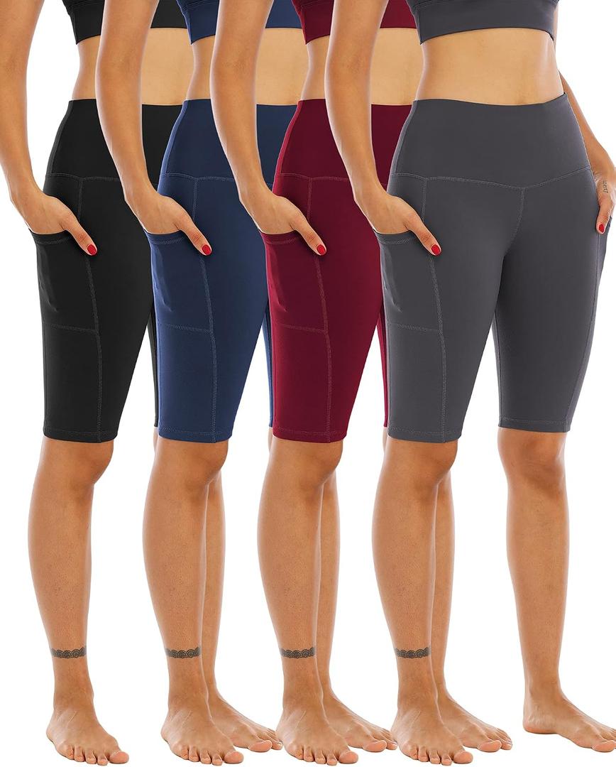 WHOUARE 4 Pack Biker Yoga Shorts with Pockets for Women,High Waisted Athletic Running Workout Gym Shorts Tummy Control, Medium