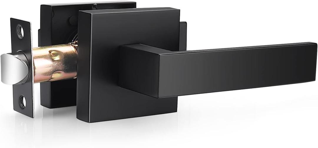 Probrico Interior Passage Lever Matte Black, Keyless Hall and Closet Door Handle Heavy Duty Indoor Hardware with Square Panel, Left or Right Handing