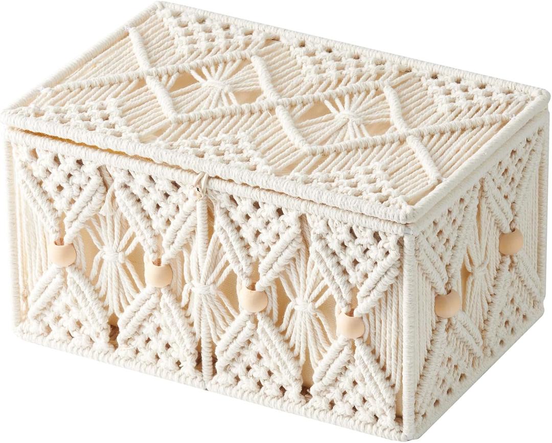 Boho Macrame Storage Basket with Lid Organza Gift Bags Decorative Wood Beads Bohemian Jewelry Box Bin Handmade Woven Natural Cotton Desk Makeup Organizer Shelf Container (Large Size)