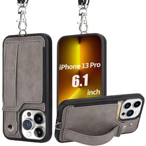 TOOVREN iPhone 13 Pro Case with Card Holder Wallet Case with Leather Kickstand Hand Strap, Adjustable Detachable iPhone Lanyard Protective Cover for Apple iPhone 13 Pro 6.1" (Gray)