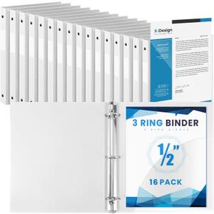 Henoyso 16 Pcs 1/2 Inch 3 Ring Binder with Clear Cover Plastic Flexible Fit Letter Size 8.5" x 11" Paper Holds 100 Sheets Versatile Binders for School Office Home, 1 Pocket(White)
