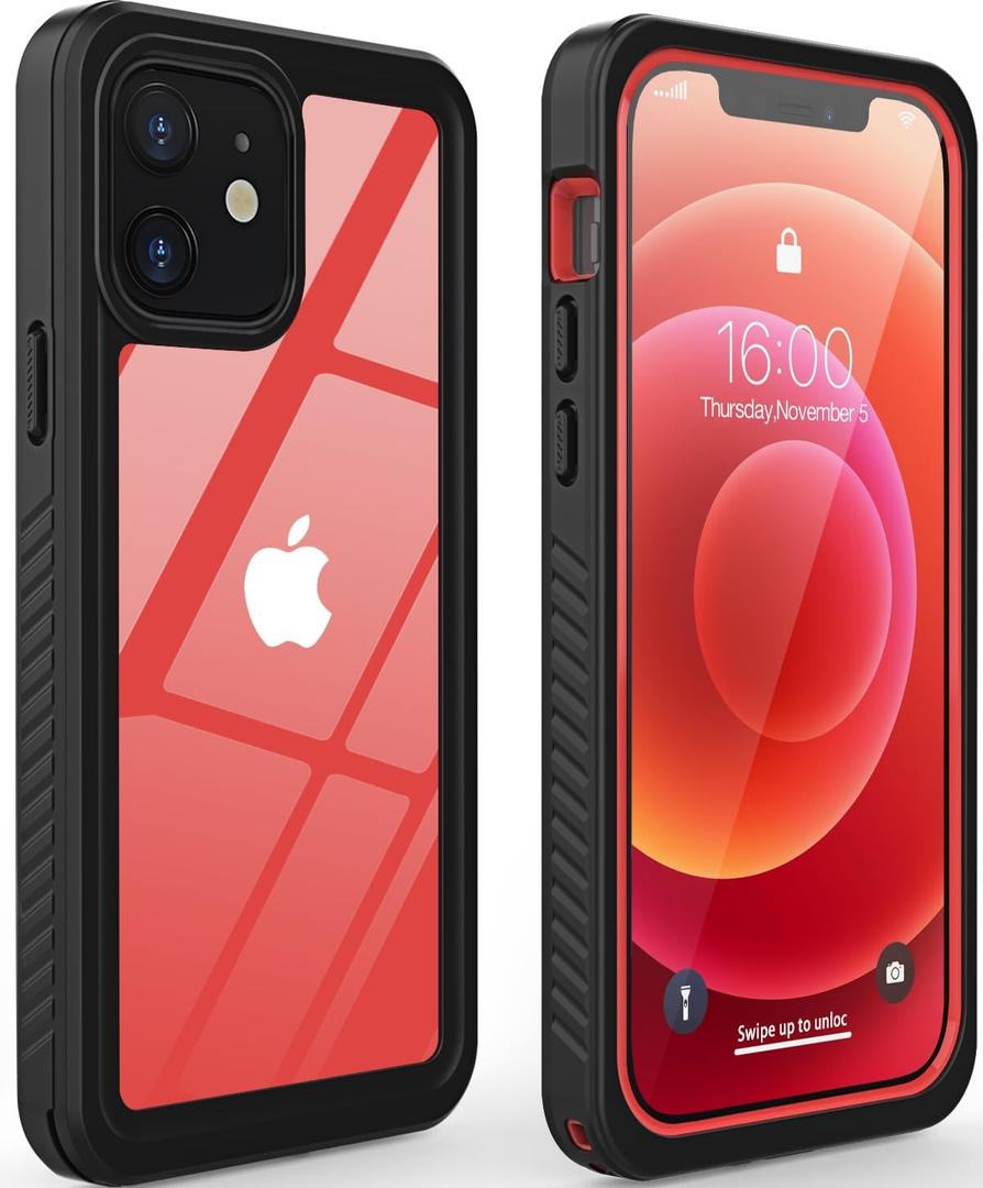 Diverbox for iPhone 12 Waterproof Case, Waterproof Shockproof Dustproof IP68 Full-Body Hard Case Built-in Screen Protector Underwater Outdoor Waterproof Cover for iPhone 12,6.1 in (Red)