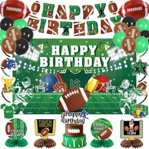 Roetyce Football Birthday Party Decorations, American Football Themed Happy Birthday Banner Balloons Hanging Swirls Centerpieces Cake Topper Kit, Green Rugby Party Backdrop for Kids