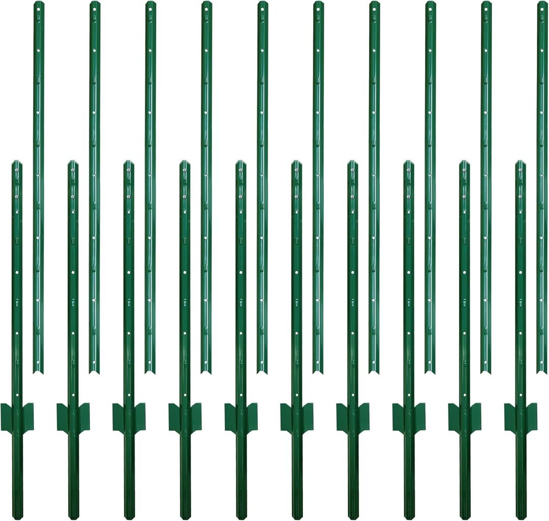 ARIFARO Sturdy Duty Metal Fence Posts 6 Feet assemblable,Pack of 10,No Digging Garden U Post for Wire Fencing Steel Poles for Yard, Outdoor (6 FT Splicable, Green 10 PCS)