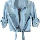 SeekMe Womens Denim Shirts Tie Front Crop Top Button Down Chambray Jean Shirts (Blue, M)