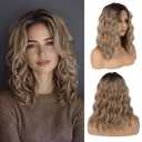 LEEONS 16 Inch Medium Length Wavy Ombre Ash Blonde Synthetic Wig with Adjustable Bands for Women  Natural Middle Part Design for Daily Wear, Parties, or Halloween