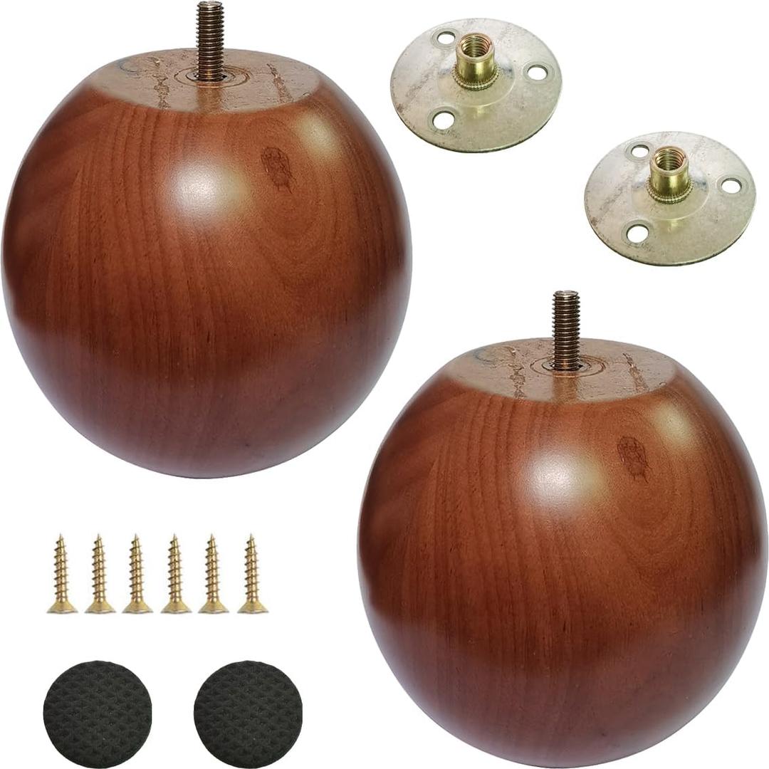 4.3 Inch Wooden Sofa Legs, Solid Wood Round Sofa Furniture Replacement Huge Bun feet, Big Wooden Feet for Cabinet/Desk/Funiture/Bookcase DIY, with Mounting Plate & Screws, 2Pcs