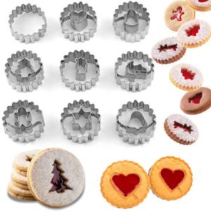 Crethinkaty 9 Pcs Mini Linzer Cookie Cutters Set, Stainless Steel - Christmas Tree, Gingerbread Man, Snowman, Elk for Winter Holiday Baking