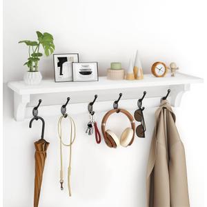 RALGEND Coat Rack Wall Mount Shelf, 29.1" Long Entryway Shelf with 6 Metal Hooks, Coat Hangers for Living Room, Modern Wooden Floating Wall Shelves for Bathroom, Bedroom, Kitchen, White 7401BJWT