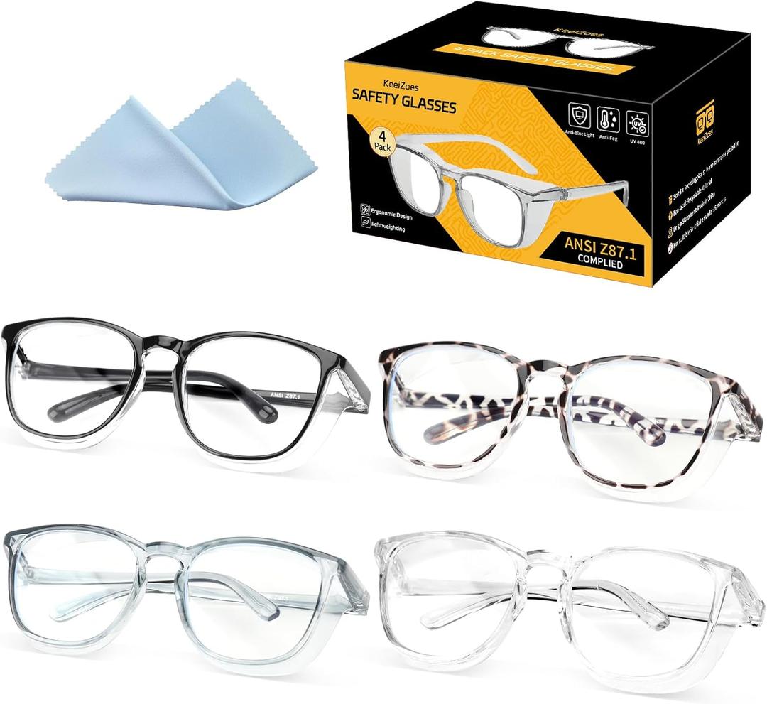 KeeiZoes Safety Glasses Anti Fog Goggles For Women, Nurses Protective Eyewear Blue Light & UV Blocking Eye Protection Glasses (4 Pack, Black + Black Leopard + Blue + Clear)